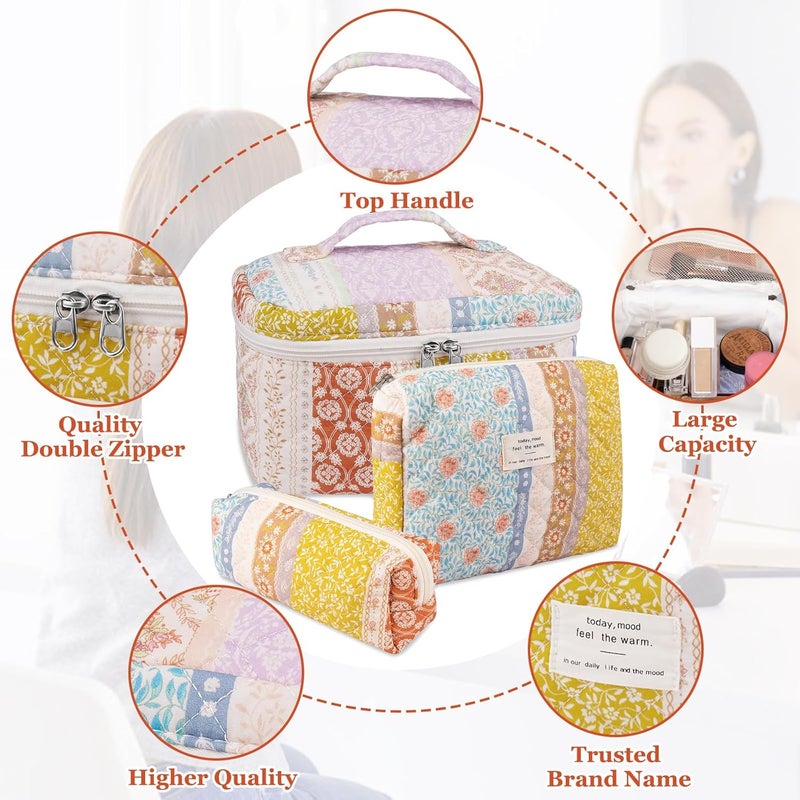 Gosect Quilted Makeup Bag Set, Large Floral Cosmetic Bag for Women, Cute Cotton Makeup Bag, Flower Travel Toiletry Organizer Bag(Color-Coded Floral) - Image 3